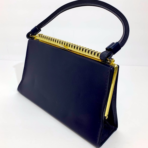 Aina Handbags - Adorable Aina Vintage Snap top Navy & Gold Handbag